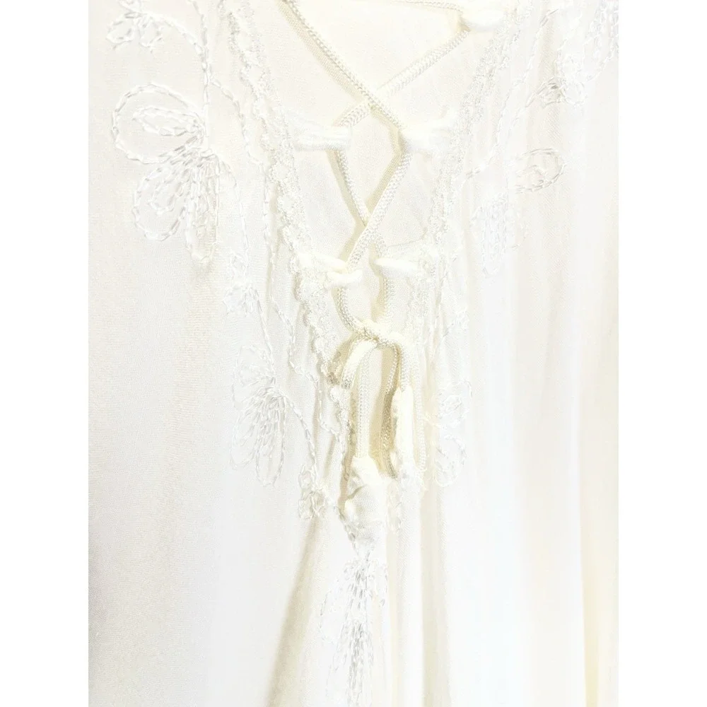 VTG 90's Sheer Embroidered Laceup Midi Dress OS White Boho Festival Fairycore - Picture 2 of 7